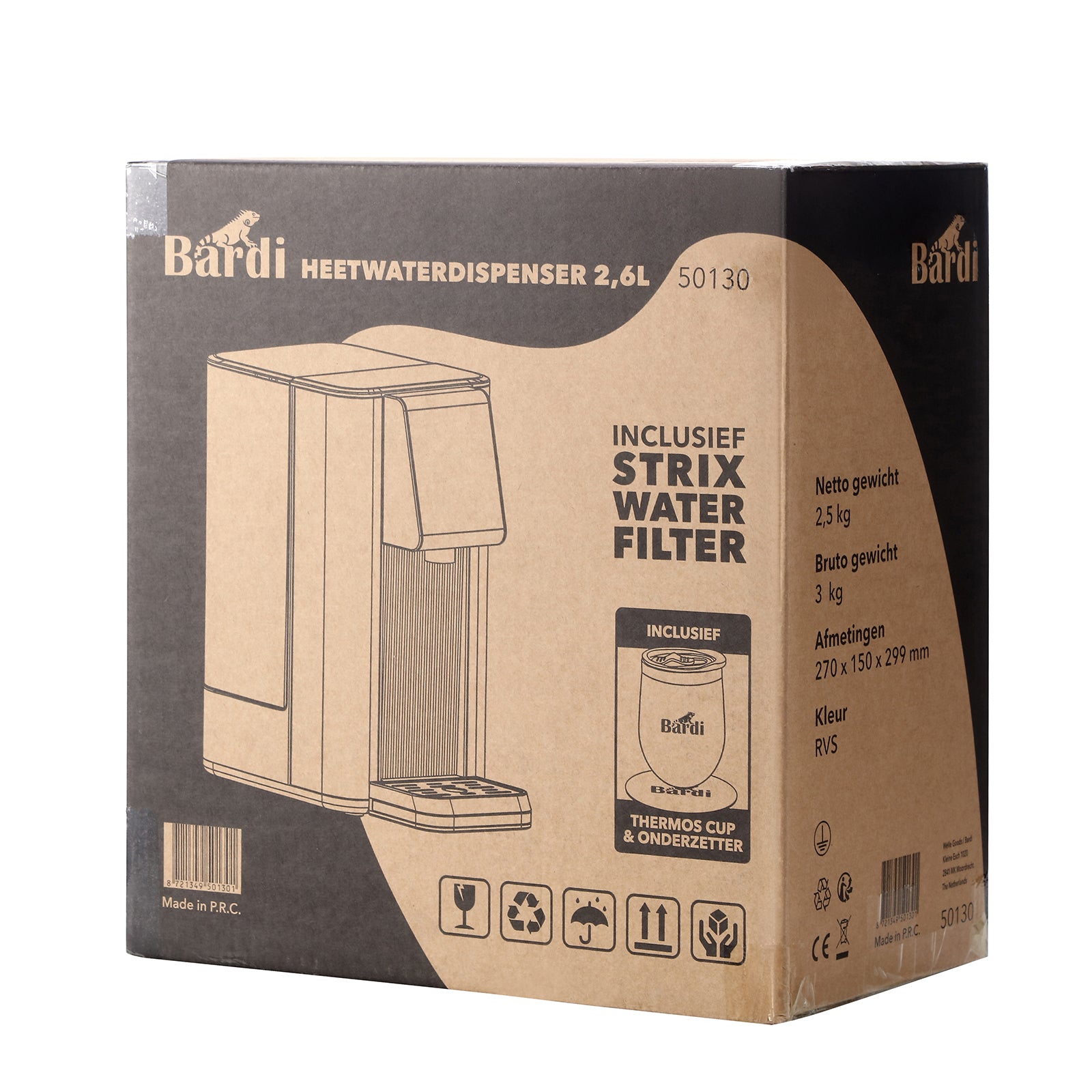 Bardi Heetwaterdispenser 2,6L set - incl. 3 thermoscups + onderzetter - instant-heating - 6 temperatuurstanden