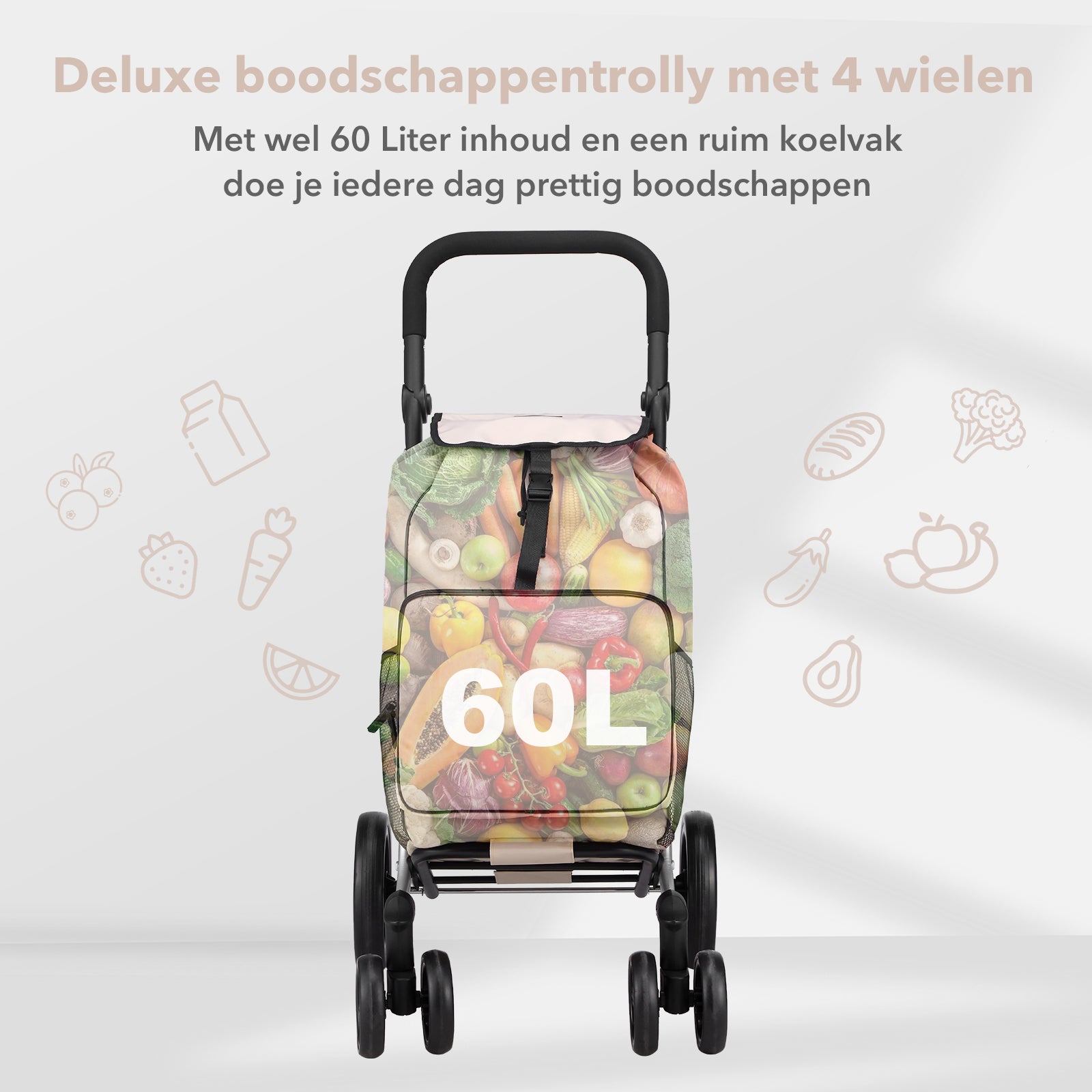 Packaway Boodschappentrolley met 4 wielen - boodschappenwagen deluxe met koelvak en verstelbaar handvat – 60 liter – Champagne
