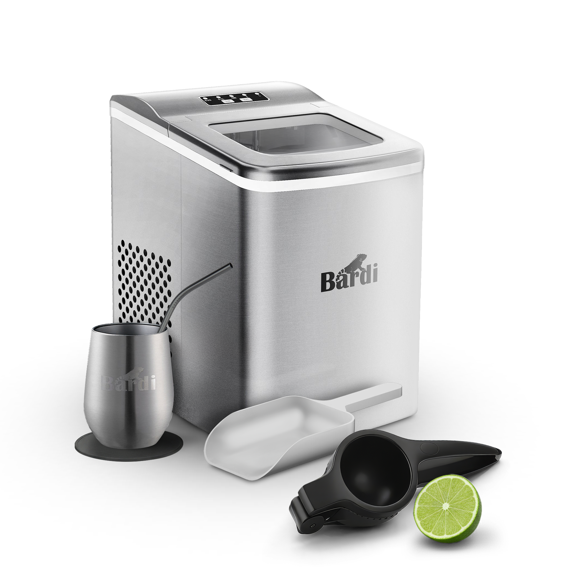 Bardi IJsblokjesmachine Set - 2 Liter - 12KG IJsblokjes in 24 uur - met IJsschep - Inclusief 1 Luxe Thermosbeker - RVS - Citruspers Zwart