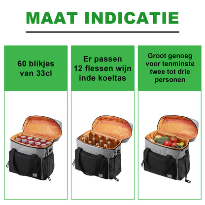 Koeltas 30L zwart-grijs-oranje - Lunchtas - 4 laags geïsoleerd - incl. 4 koelelementen