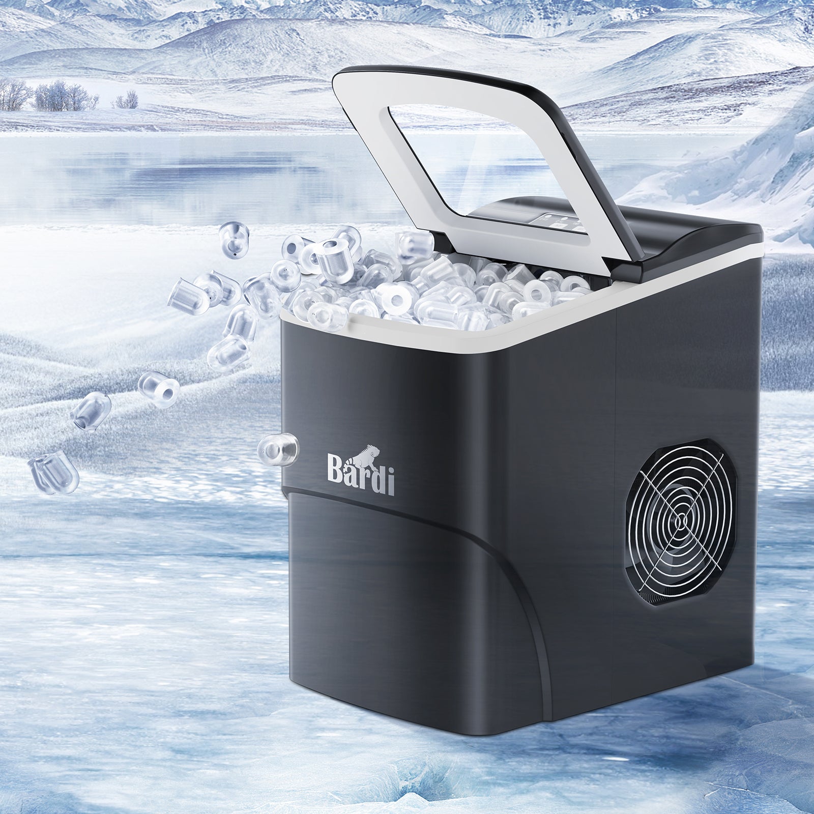 Bardi Deluxe Ice Cube Machine 2L black - Self-cleaning function - ice cube maker with ice scoop - Incl. luxury thermos cup and ice scoop
