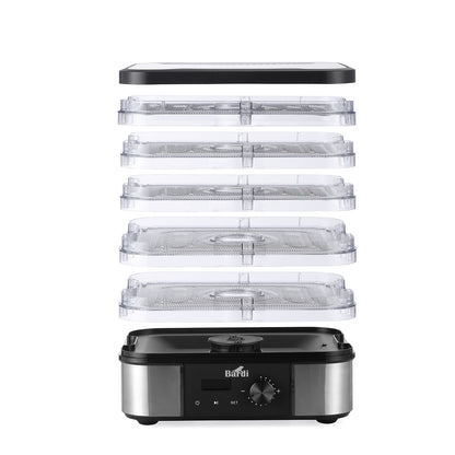 Bardi Voedseldroger 5-laags 350W RVS - 24-uurs timer - led-bedieningspaneel - incl. 5 inlegvellen en voedseltang