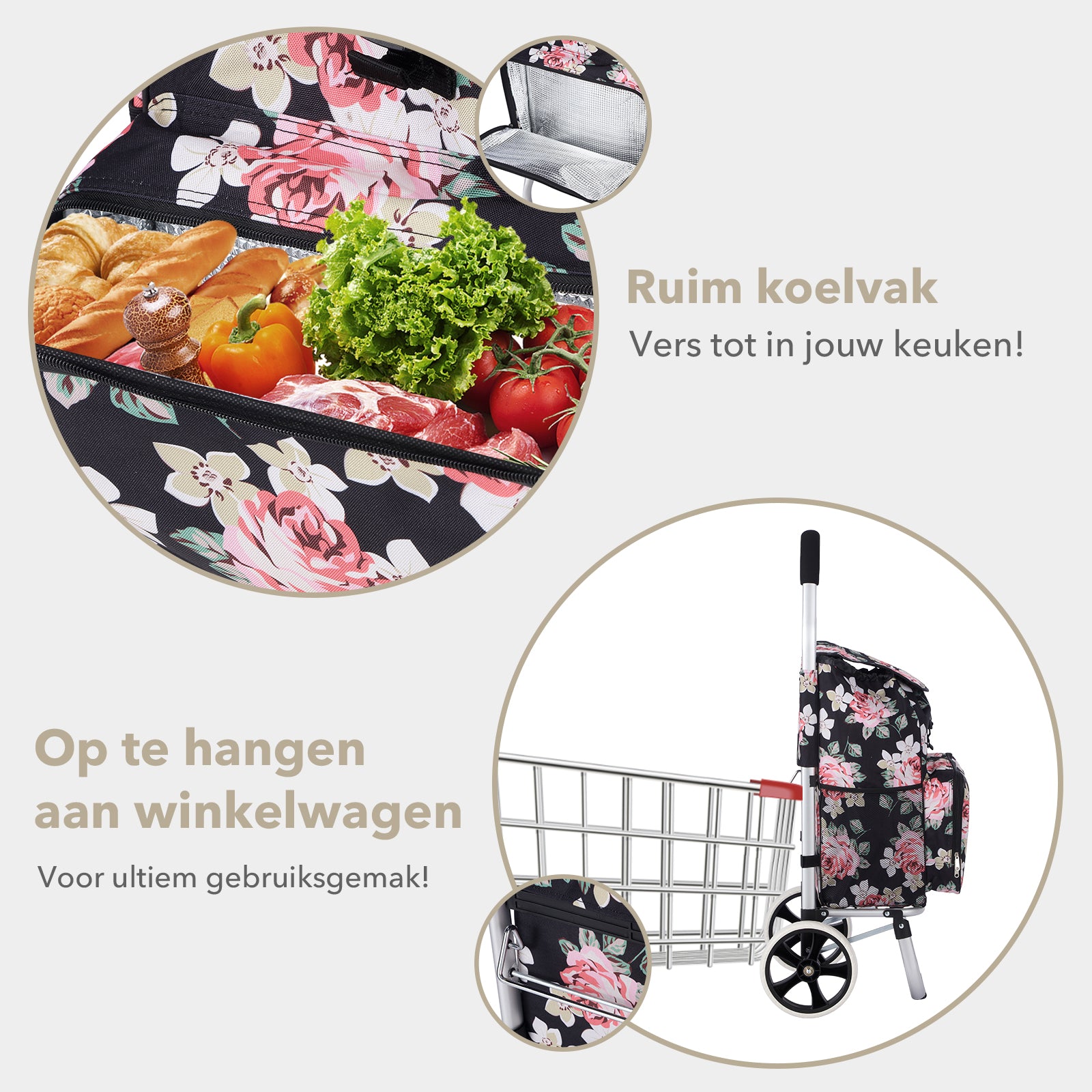 Packaway Boodschappentrolley 45L met Koelvak - Boodschappenwagen met Grote Wielen - Steekwagenfunctie - Waterafstotend - Black Flower