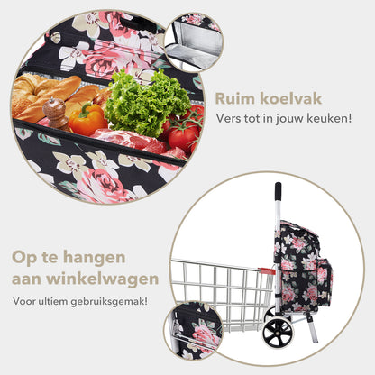 Packaway Boodschappentrolley 45L met Koelvak - Boodschappenwagen met Grote Wielen - Steekwagenfunctie - Waterafstotend - Black Flower