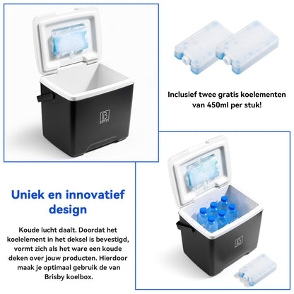 Brisby Koelbox - Frigobox - 13L- Zwart- Tot maximaal 40 uur isolatie - Incl. 2 dikke koelelementen van 450ml - Met koelelementen vergrendeld in deksel en Brisby 500ml Zwarte Dubbelwandige Thermosfles
