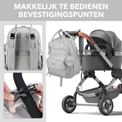 Brisby Premium Luiertas – Uitgebreide en Functionele Verzorgingstas – met buggymontage – Anti Diefstal Vakken - Reistrolley Sleeve - Inclusief verschoonmatje t.w.v.15,99 euro en speenhouder - Levenslange Garantie -Modern Grey