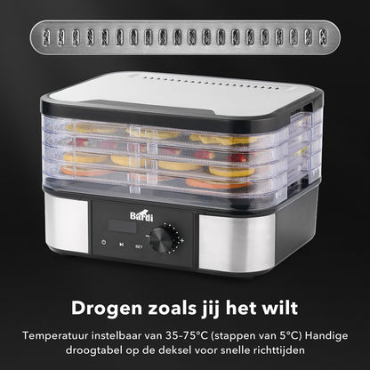 Bardi Voedseldroger 5-laags 350W RVS - 24-uurs timer - led-bedieningspaneel - incl. 5 inlegvellen en voedseltang
