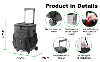 Boodschappentrolley 32L met volledig koelvak donkergrijs - 4 extra vakken - uitneembaar koelvak - trekstang in hoogte verstelbaar