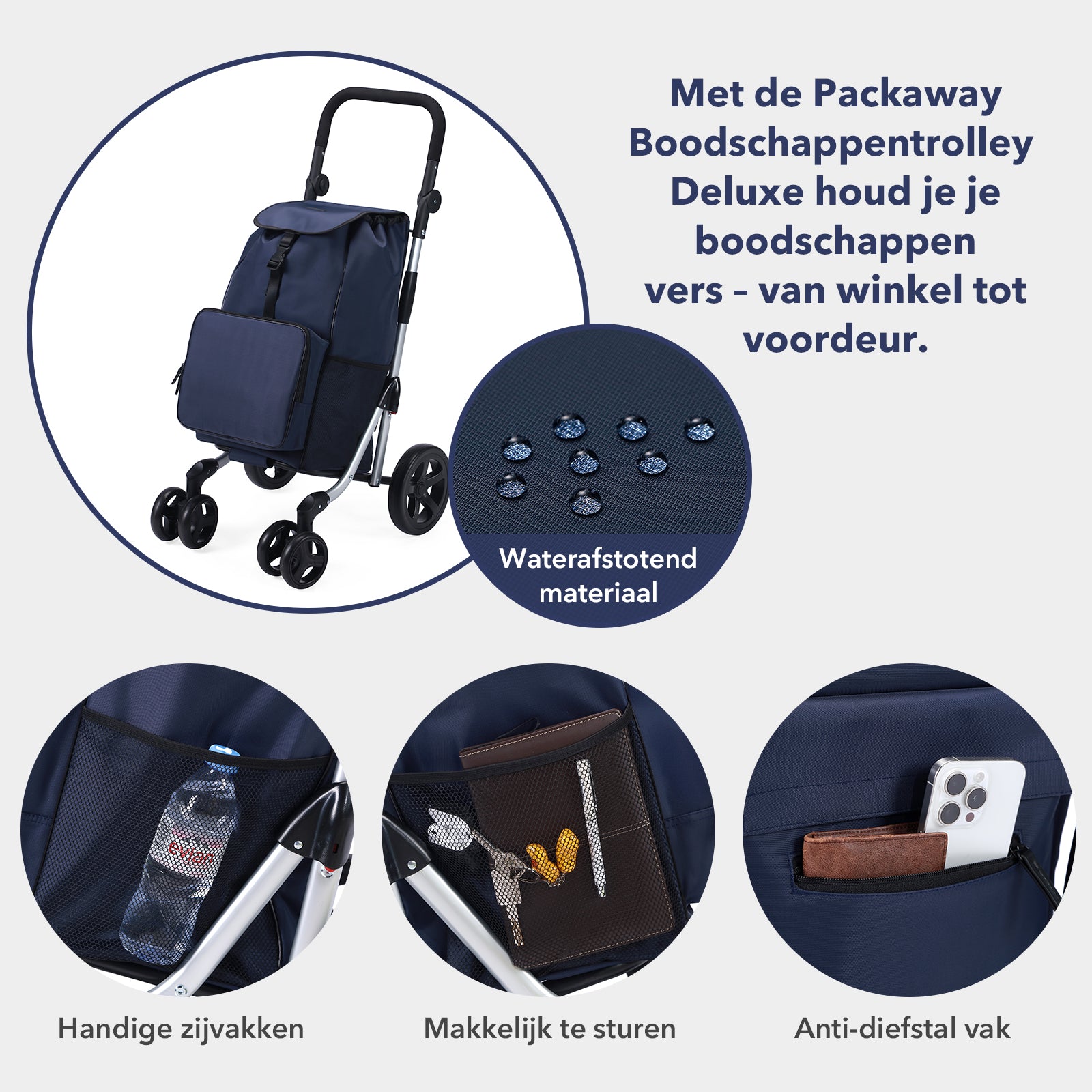 Boodschappentrolley deluxe 60L blauw  - koelvak - boodschappenwagen - steekwagenfunctie - verstelbaar handvat
