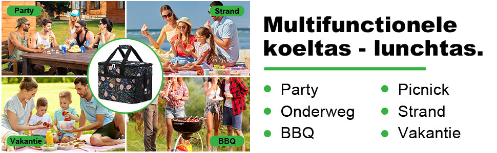 Koeltas 30L passion flower - lunchtas - opvouwbaar - 4-laags geïsoleerd - incl. 4 gratis koelelementen en draagband