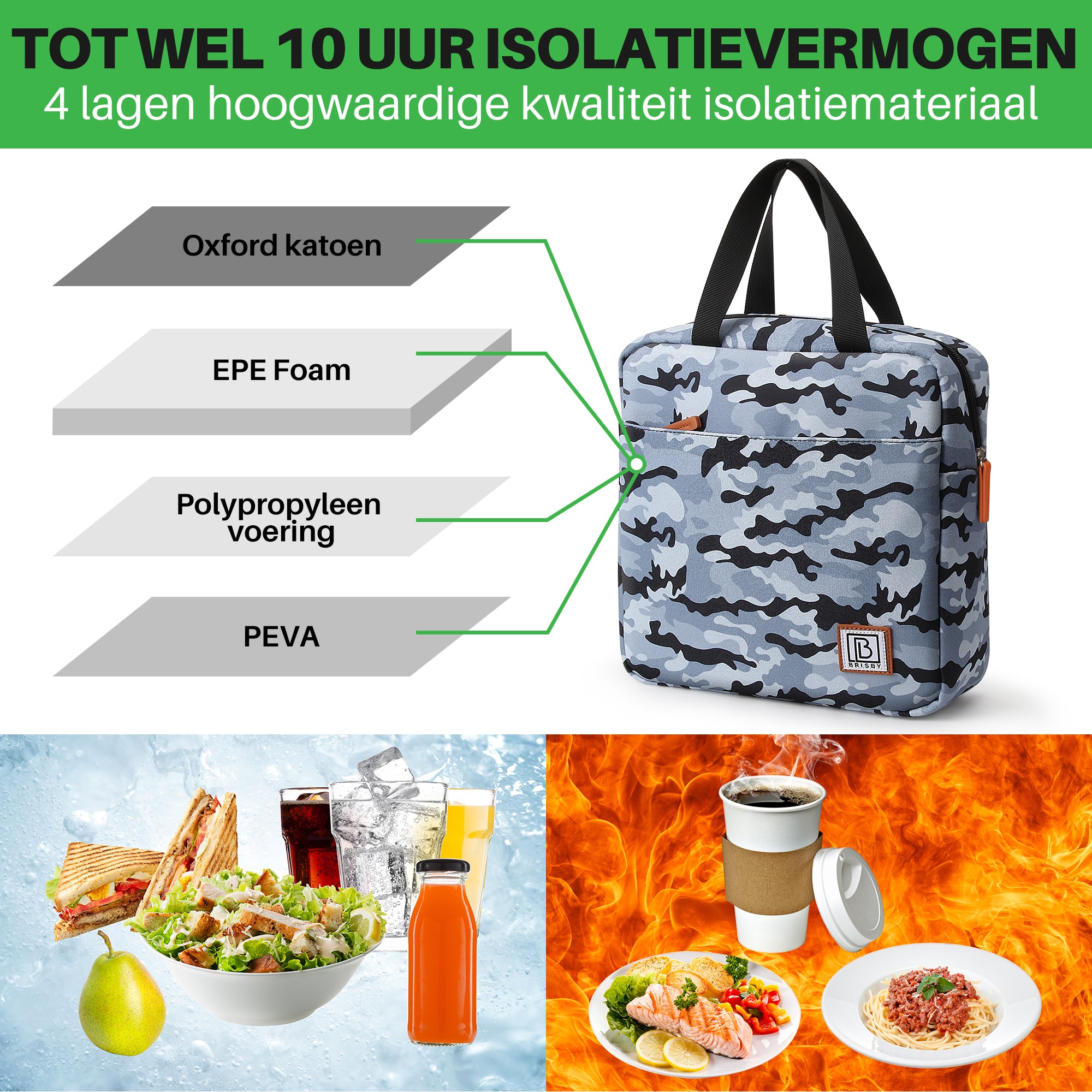 Koeltas 7L camouflage blauw - Lunchtas - 4-laags geïsoleerd - 2 gratis koelelementen - incl. schouderband