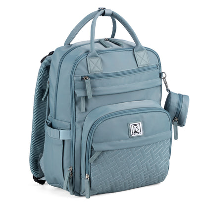 Brisby Premium Luiertas – Uitgebreide en Functionele Verzorgingstas – met buggymontage – Anti Diefstal Vakken - Reistrolley Sleeve - Inclusief verschoonmatje t.w.v.15,99 euro en speenhouder - Levenslange Garantie - Misty Blue