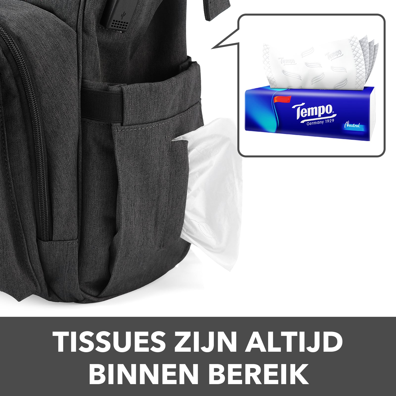 Stayopen diaper bag dark gray - nursing bag - stay-open frame - USB charging function - incl. buggy mounting and changing mat