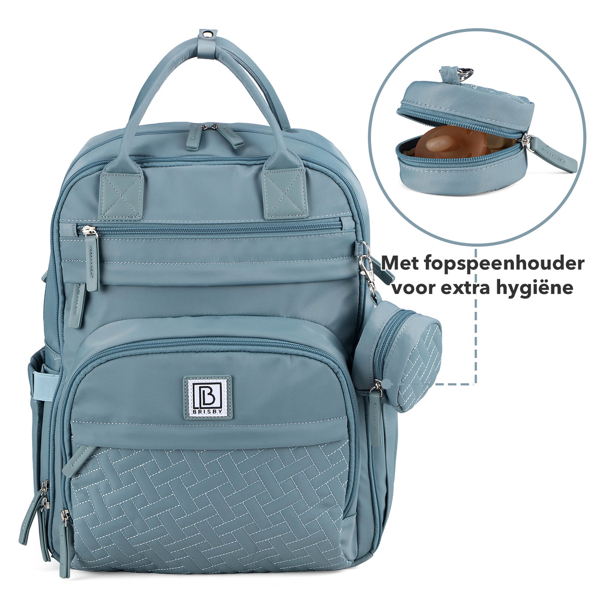 Brisby Premium Luiertas – Uitgebreide en Functionele Verzorgingstas – met buggymontage – Anti Diefstal Vakken - Reistrolley Sleeve - Inclusief verschoonmatje t.w.v.15,99 euro en speenhouder - Levenslange Garantie - Misty Blue