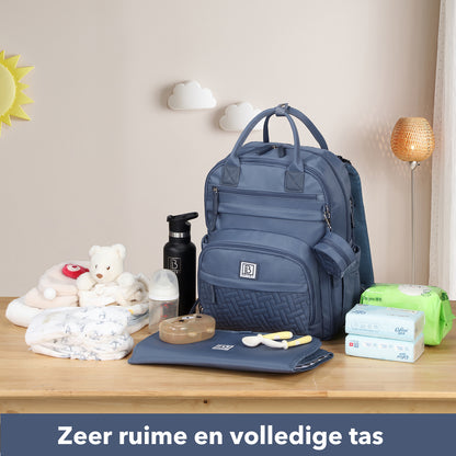 Brisby Premium Luiertas – Uitgebreide en Functionele Verzorgingstas – met buggymontage – Anti Diefstal Vakken - Reistrolley Sleeve - Inclusief verschoonmatje t.w.v.15,99 euro en speenhouder - Levenslange Garantie - Nordic Blue