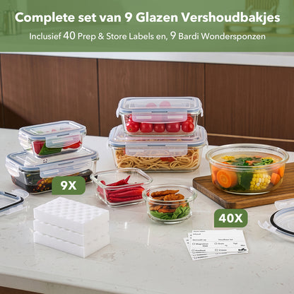 Bardi Glazen Vershoudbakjes 9-delig – Meal Prep Bakjes – Luchtdicht & Lekvrij – Oven, Magnetron & Vriezer – 9 Wondersponzen + 40 Prep & Store Labels