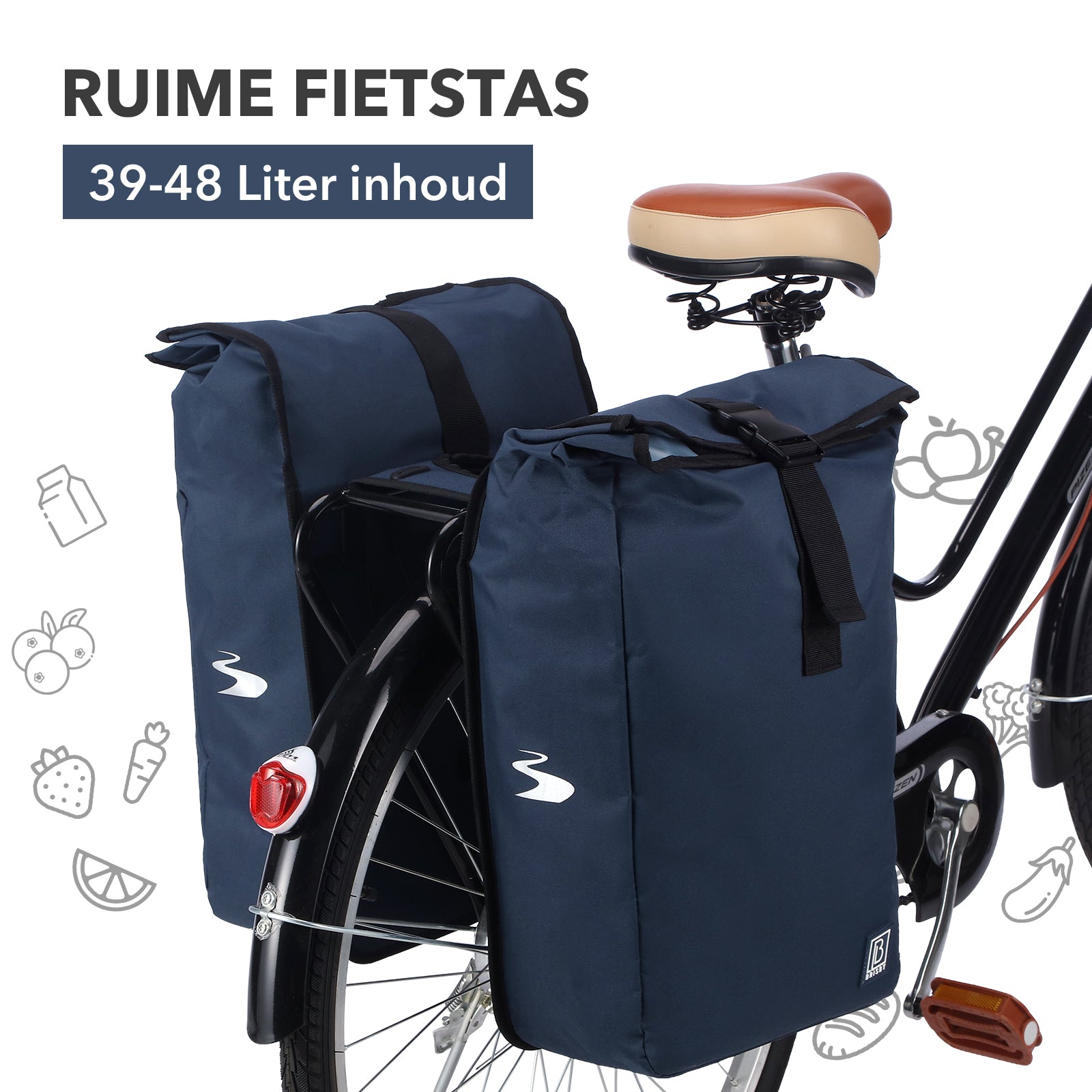 Brisby Dubbele Fietstas Rolltop Zwart 39-48L Waterdicht Geschikt voor Elektrische Fietsen & E-Bike - Blauw