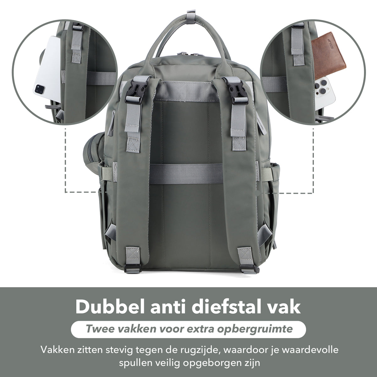 Brisby Premium Luiertas – Uitgebreide en Functionele Verzorgingstas – met buggymontage – Anti Diefstal Vakken - Reistrolley Sleeve - Inclusief verschoonmatje t.w.v.15,99 euro en speenhouder - Levenslange Garantie - Misty Green