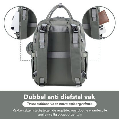 Brisby Premium Luiertas – Uitgebreide en Functionele Verzorgingstas – met buggymontage – Anti Diefstal Vakken - Reistrolley Sleeve - Inclusief verschoonmatje t.w.v.15,99 euro en speenhouder - Levenslange Garantie - Misty Green