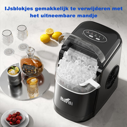 Bardi Deluxe IJsblokjesmachine 1,6L zwart - Zelfreinigingsfunctie - ijsblokmaker met ijsschep - Incl. luxe thermosbeker en ijsschep