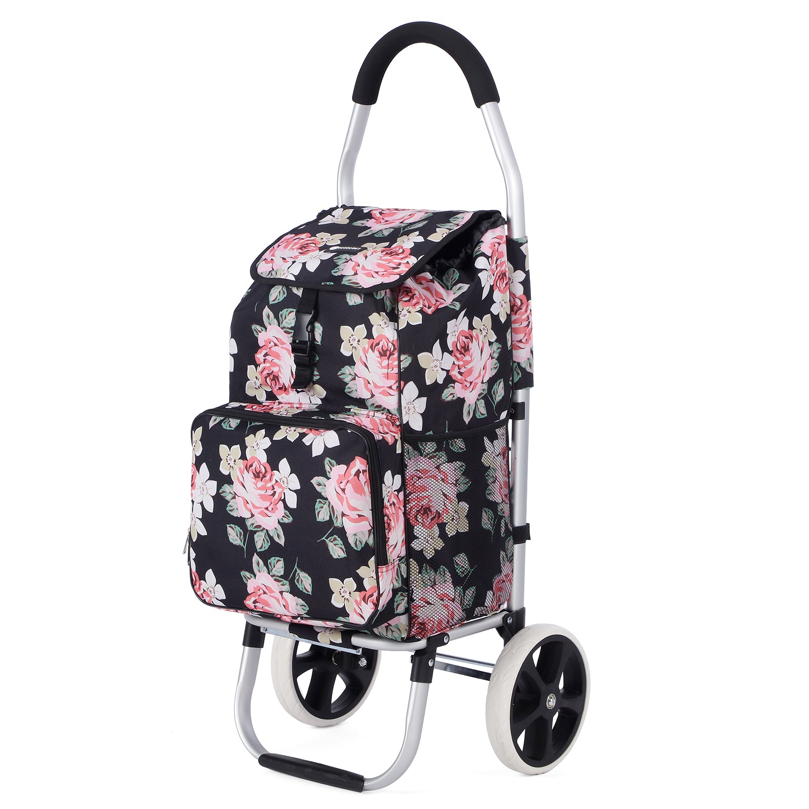 Packaway Boodschappentrolley 45L met Koelvak - Boodschappenwagen met Grote Wielen - Steekwagenfunctie - Waterafstotend - Black Flower