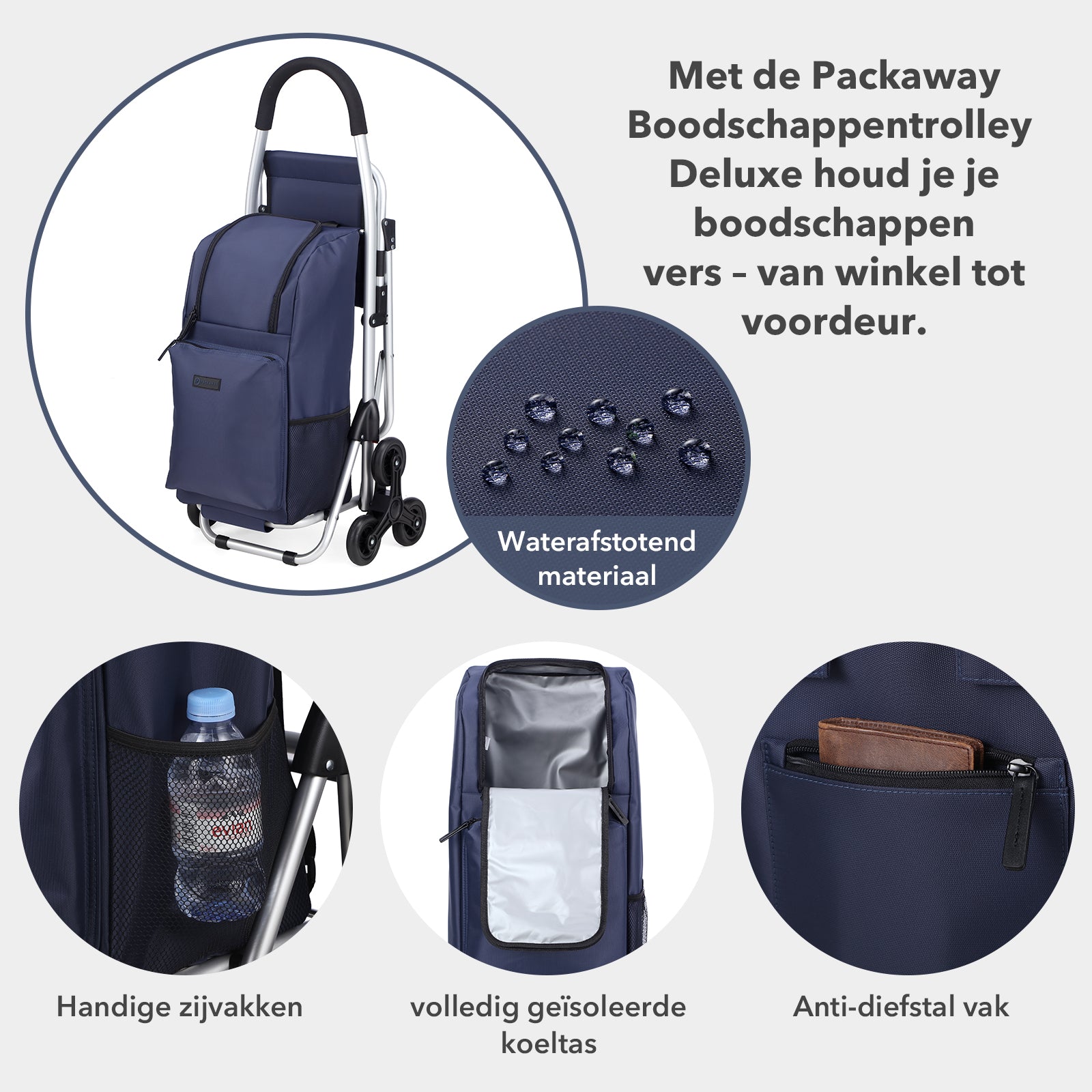 Packaway 35L Boodschappentrolley met 6 Wielen voor Trappen - Klapstoel Functie - Steekwagen Functie - Geïsoleerd - Afneembare Rugzak - Blauw