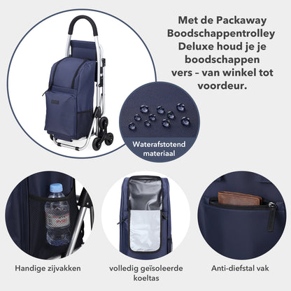 Packaway 35L Boodschappentrolley met 6 Wielen voor Trappen - Klapstoel Functie - Steekwagen Functie - Geïsoleerd - Afneembare Rugzak - Blauw