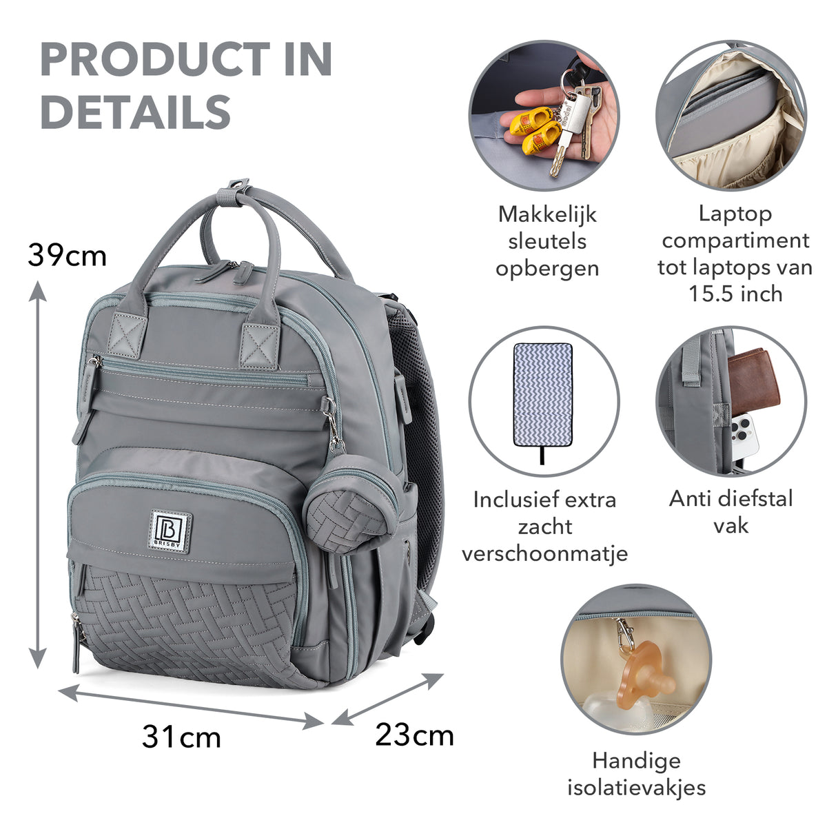 Brisby Premium Luiertas – Uitgebreide en Functionele Verzorgingstas – met buggymontage – Anti Diefstal Vakken - Reistrolley Sleeve - Inclusief verschoonmatje t.w.v.15,99 euro en speenhouder - Levenslange Garantie - Misty Grey