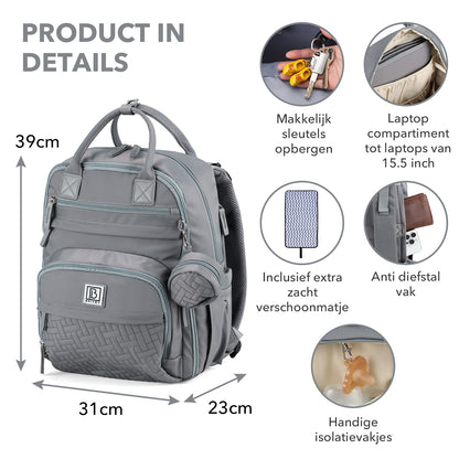 Brisby Premium Luiertas – Uitgebreide en Functionele Verzorgingstas – met buggymontage – Anti Diefstal Vakken - Reistrolley Sleeve - Inclusief verschoonmatje t.w.v.15,99 euro en speenhouder - Levenslange Garantie - Misty Grey