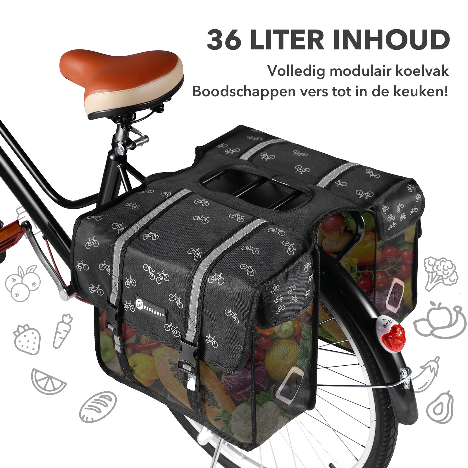 Packaway Dubbele Fietstassen met koelvak - Uitneembare koelzak- Waterdicht-Fietspatroon-36L-Zwart