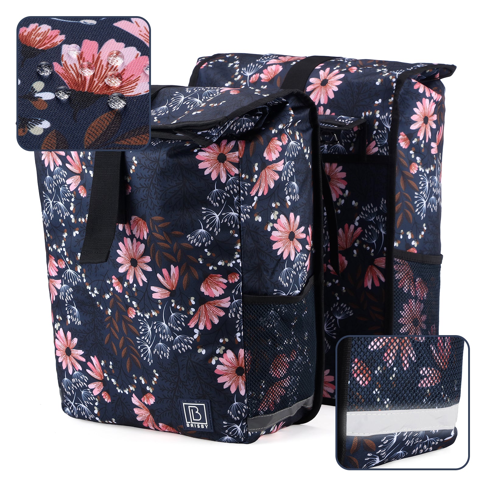 Brisby Dubbele Fietstas Rolltop Zwart 39-48L Waterdicht Geschikt voor Elektrische Fietsen & E-Bike - Japanese Flower