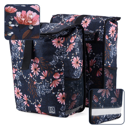 Brisby Dubbele Fietstas Rolltop Zwart 39-48L Waterdicht Geschikt voor Elektrische Fietsen & E-Bike - Japanese Flower