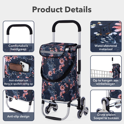 Packaway Boodschappentrolley met Trapwielen 40 Liter - Opvouwbare Boodschappenwagen met ruim Koelvak - Japanese Flower