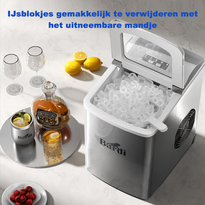 Bardi Deluxe IJsblokjesmachine 2L RVS - Zelfreinigingsfunctie - ijsblokmaker met ijsschep - Incl. luxe thermosbeker en ijsschep