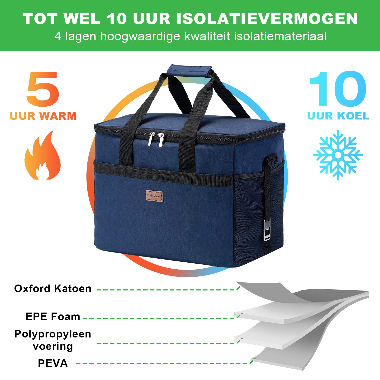 Koeltas 30L blauw - Lunchtas - opvouwbaar - 4-laags geïsoleerd - incl. 4 gratis koelelementen en draagband