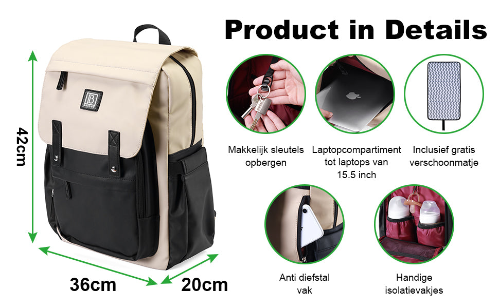 Brisby Luiertas two-tone crème-zwart - incl. buggymontage en verschoningsmat