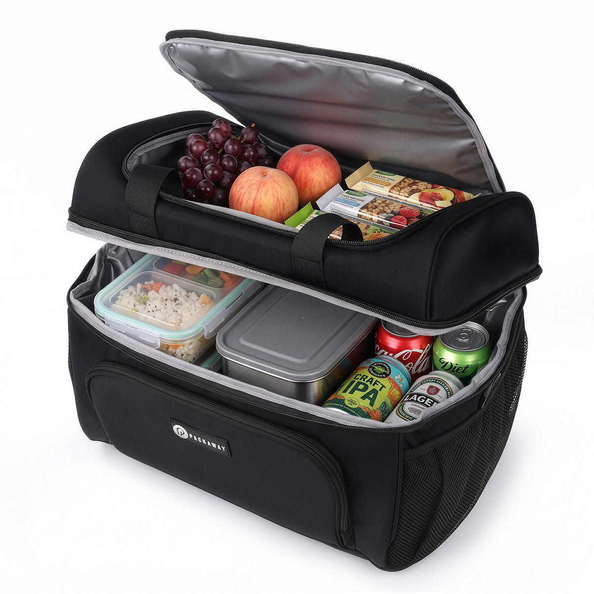 Packaway Koeltas 20L - Lunchtas - Inclusief 4 Koelelementen - Dubbel Compartiment - 4-Laags Geïsoleerd - Waterafstotend - Signature Black