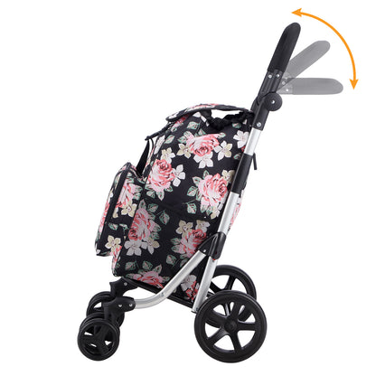 Packaway Boodschappentrolley met 4 wielen - boodschappenwagen deluxe met koelvak en verstelbaar handvat – 60 liter – Black Flower