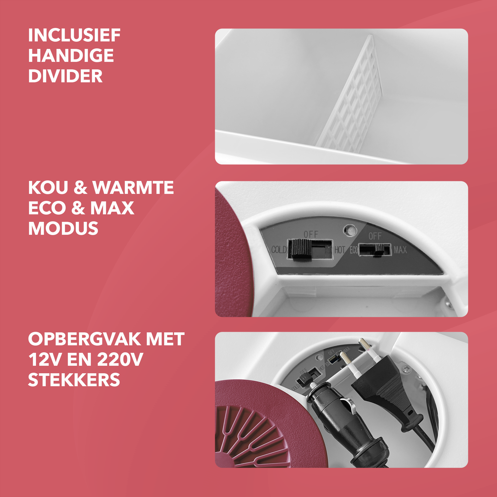 Elektrische koelbox 40L rood SET - Incl. 8L passieve koelbox - incl. divider en koelelementen - AC/DC 12V, 220/230V