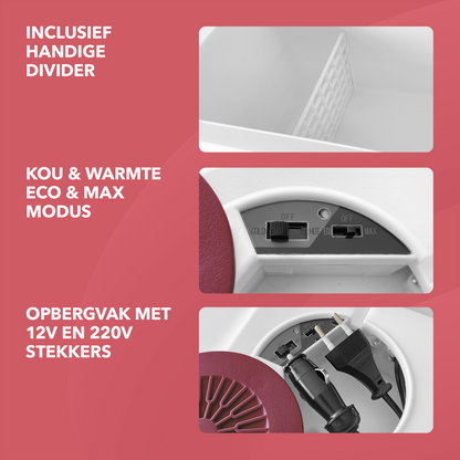 Elektrische koelbox 40L rood SET - Incl. 8L passieve koelbox - incl. divider en koelelementen - AC/DC 12V, 220/230V