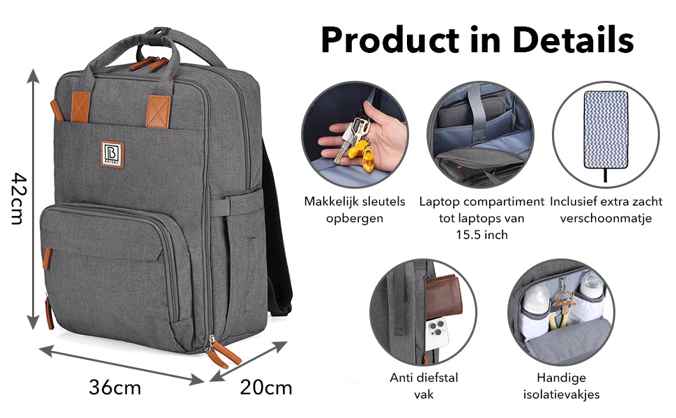 Brisby Luiertas Original - Donkergrijs- Kinderrugzak - 1.5L kinderlunchtas Leeuw