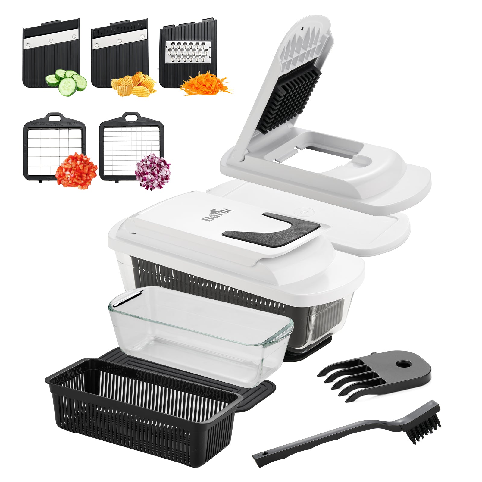 BARDI 12 Delige Groentesnijder met Glazen Ovenschaal - Mandoline Keukensnijder - Groentensnijder Multifunctioneel - Uiensnijder - Anti-slip mat - Glas & RSV - Zwart & Wit