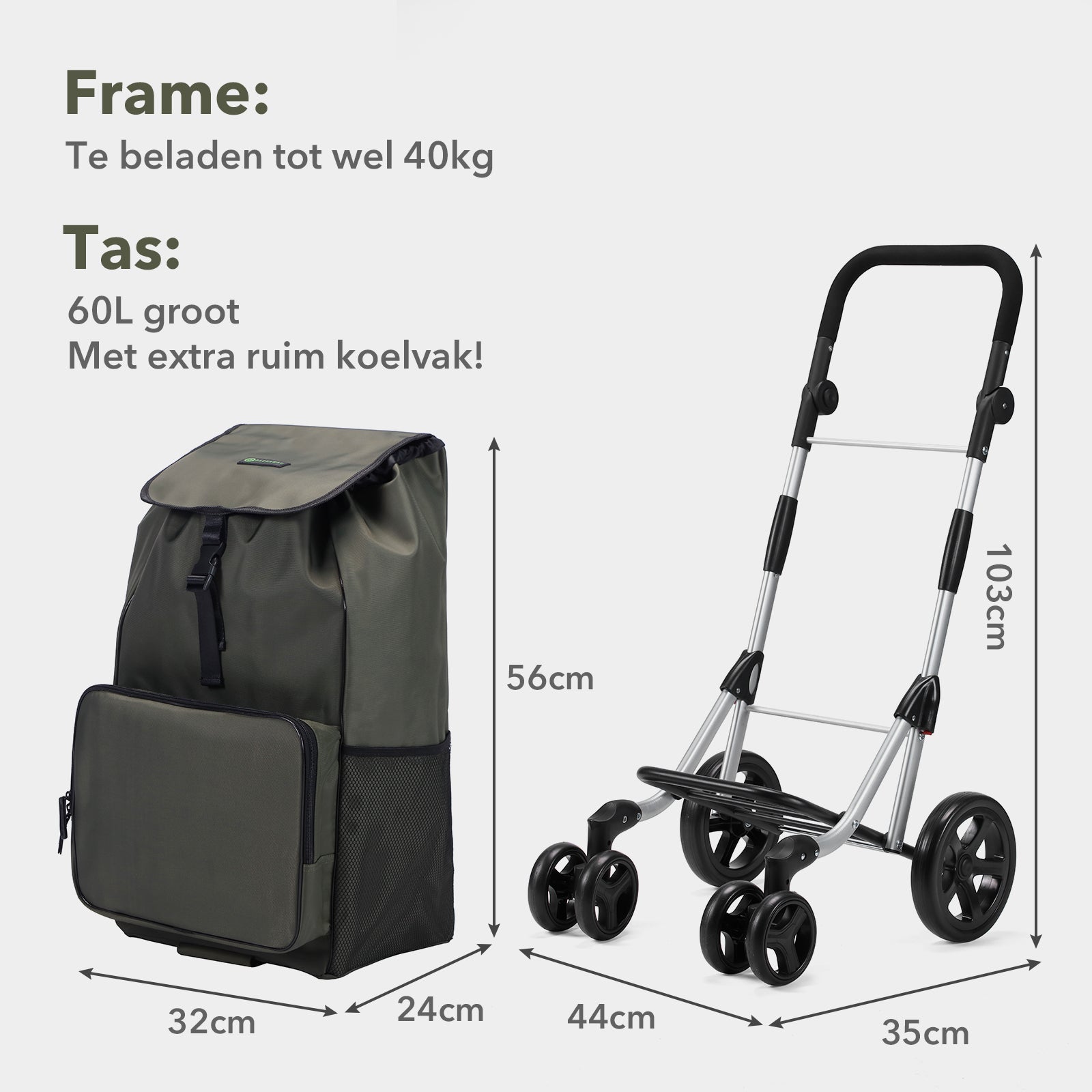 Boodschappentrolley deluxe 60L groen - koelvak - boodschappenwagen - steekwagenfunctie - verstelbaar handvat