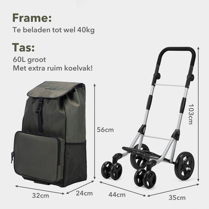 Boodschappentrolley deluxe 60L groen - koelvak - boodschappenwagen - steekwagenfunctie - verstelbaar handvat