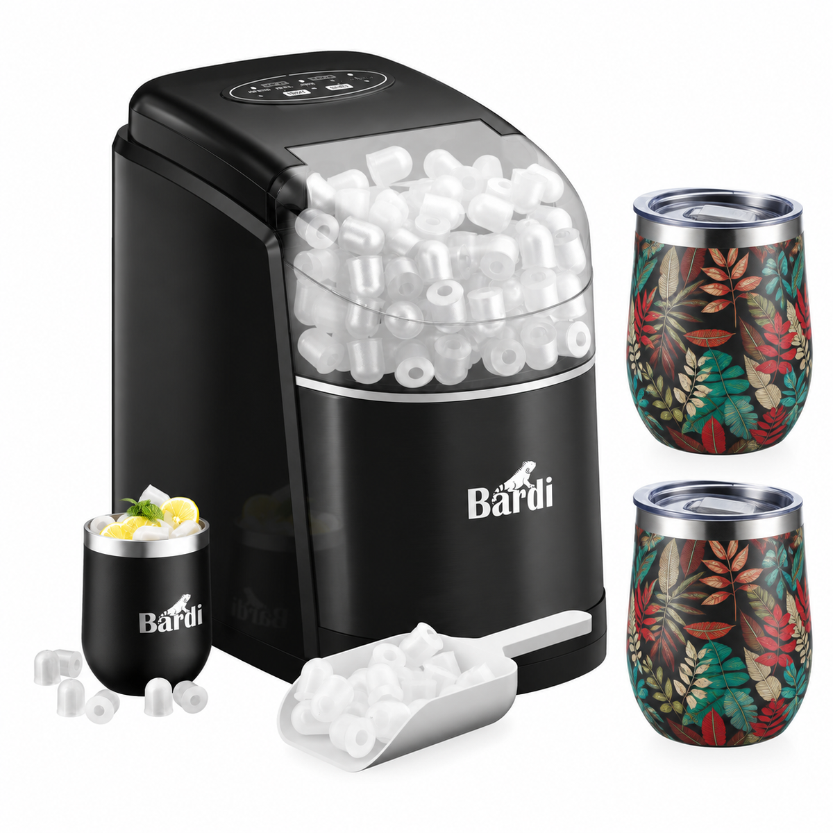 Bardi IJsblokjesmachine set 1,6L zwart - incl. 3 thermoscups jungle en ijsschep