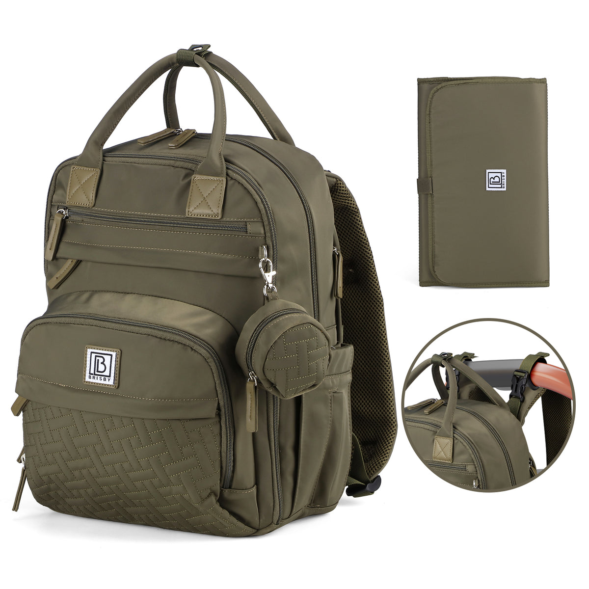 Brisby Premium Luiertas – Uitgebreide en Functionele Verzorgingstas – met buggymontage – Anti Diefstal Vakken - Reistrolley Sleeve - Inclusief verschoonmatje t.w.v.15,99 euro en speenhouder - Levenslange Garantie - Olive Green