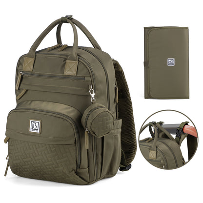 Brisby Premium Luiertas – Uitgebreide en Functionele Verzorgingstas – met buggymontage – Anti Diefstal Vakken - Reistrolley Sleeve - Inclusief verschoonmatje t.w.v.15,99 euro en speenhouder - Levenslange Garantie - Olive Green