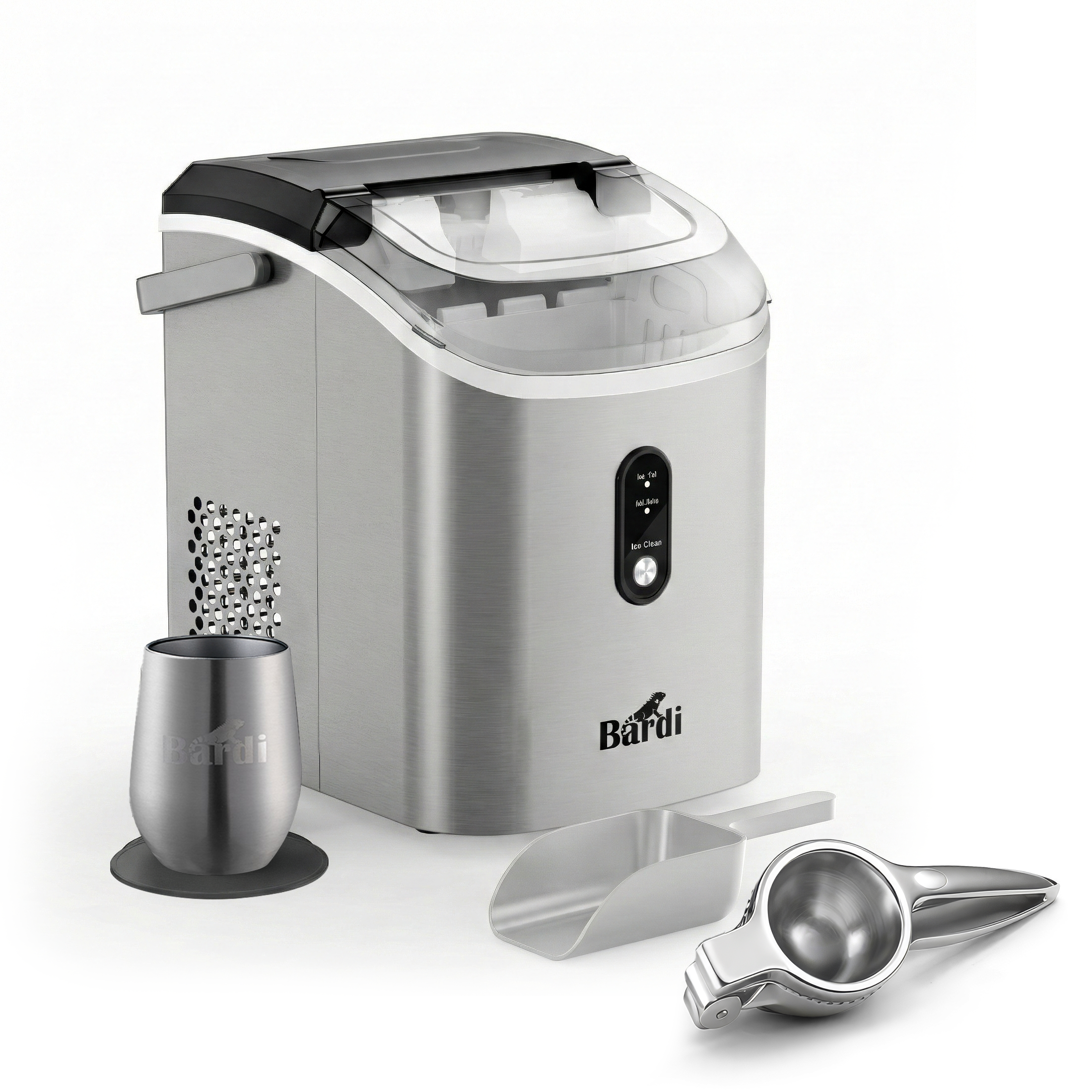 Bardi 1.1L - Nugget IJsblokjesmachine Rond - Crushed Ice Maker met IJsschep - 15kg/24 uur - Ijsblokjesmaker - Met Luxe Thermosbeker - RVS - Citruspers RVS