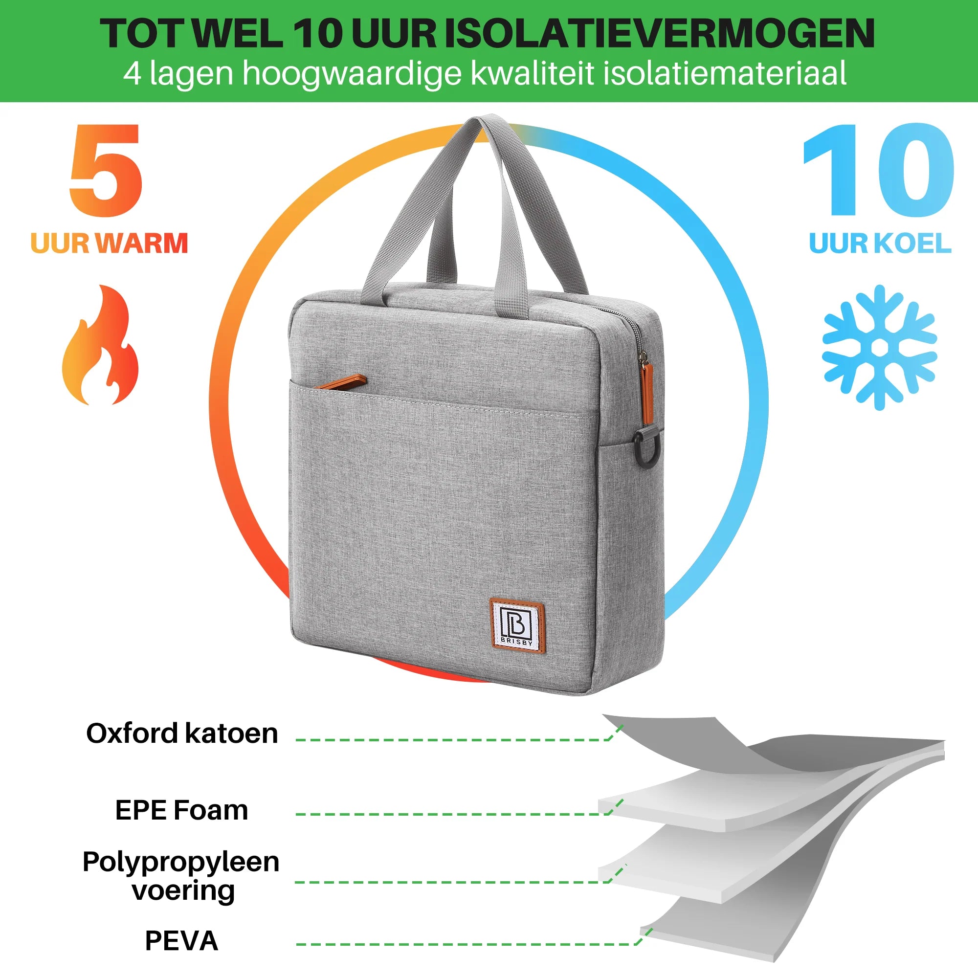 Koeltas 7L lichtgrijs - Lunchtas - 4-laags geïsoleerd - 2 gratis koelelementen - incl. schouderband