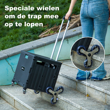 Boodschappentrolley 50L XL met trapwielen zwart - boodschappenkrat - 35 kg draagvermogen - met deksel en telescopisch handvat